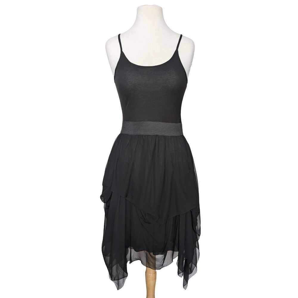 Morgane Le Fay Silk Dress Black Assymetrical Handkerchief Hem L